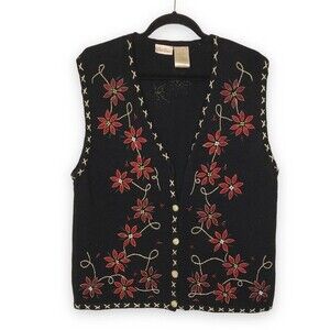 Bobbie Brooks Holiday Ugly Christmas Black Red Gold Poinsettia Vest Size Large